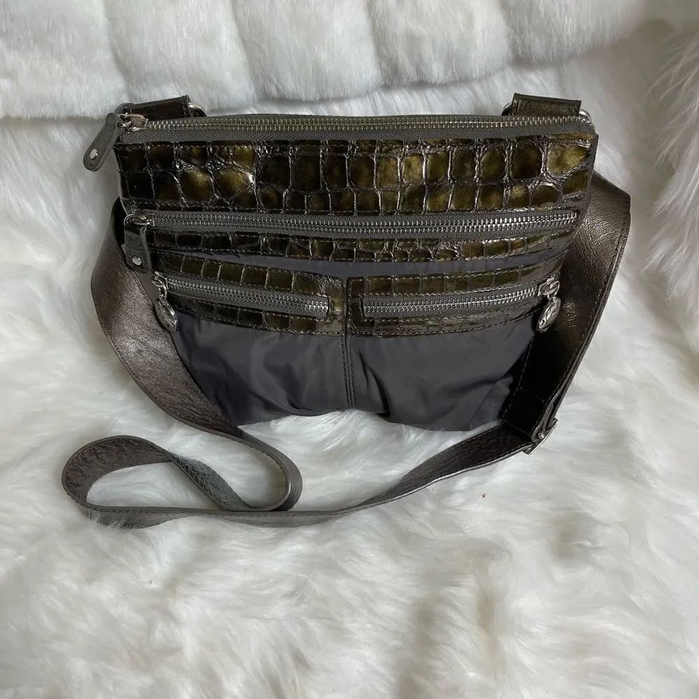 Brighton gray nylon and patent leather pewter croc prints trims shoulder bag